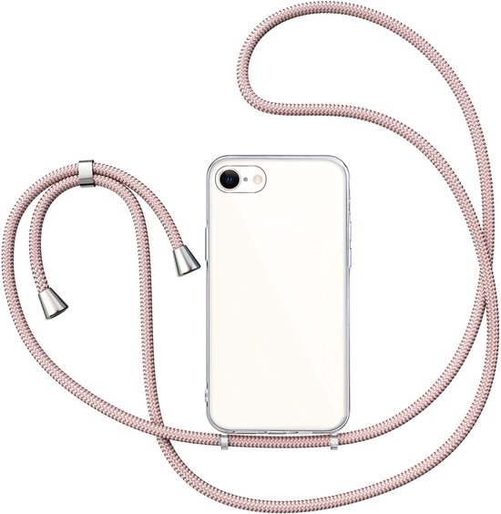 Hoesje met Koord geschikt voor iPhone 16e / 17e - Back Cover Siliconen Case Transparant Hoes Roségoud