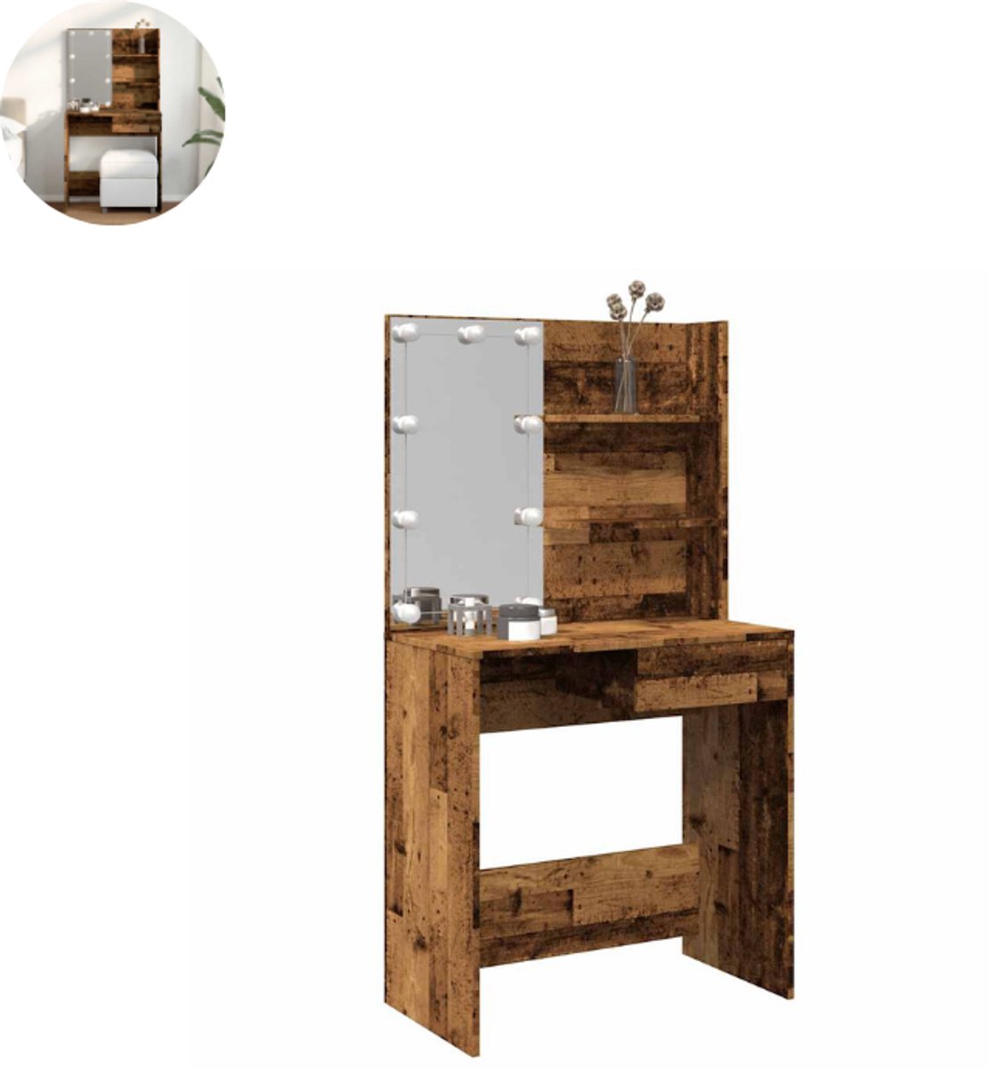GranMaison Kaptafel met spiegel - Make up tafel - Make up - Toilettafel - Met lades - 74,5x40x141 cm - Oud Hout