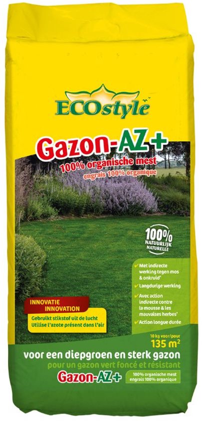 ECOstyle Gazon AZ+ - Organische Gazonmest – Voor Diepgroen en Sterk Gazon – Geeft tot 120 dagen Voeding – Werkt tegen Mos - 135 M² - 10 KG