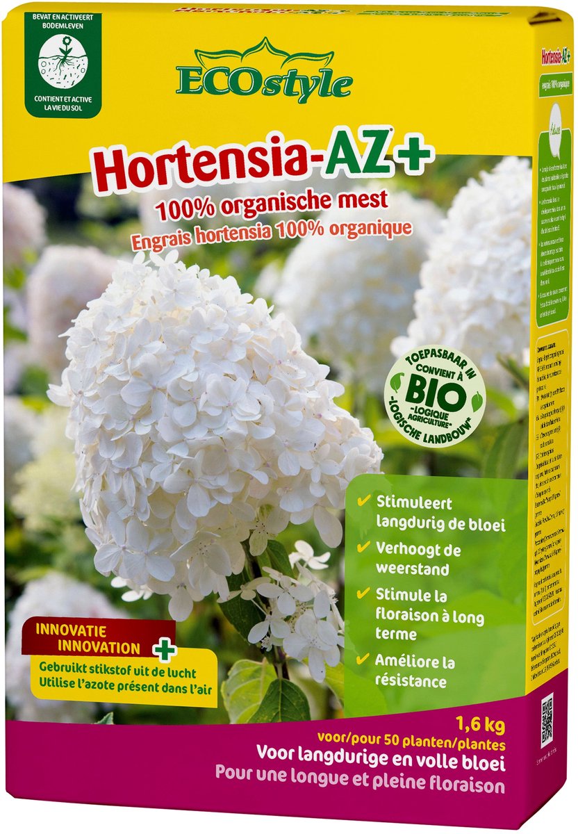 ECOstyle Hortensia-AZ Tuinmest - Organische Meststof - 120 Dagen Voeding - Volle Bloei - Versterkt Plant - Verrijkt bodem - Voor 50 Hortensia's - 1,6 KG