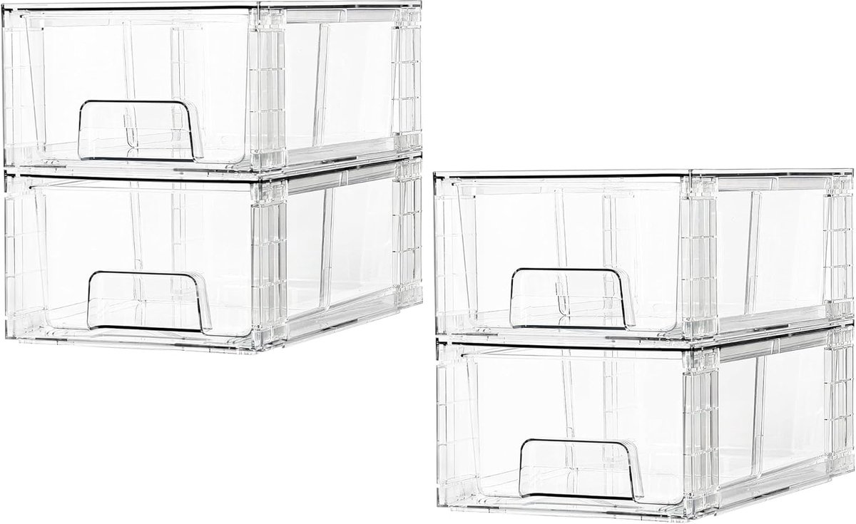 Candala 4 stuks stapelbare opbergladen, doorzichtige lade-organizers van acryl met handgrepen, opbergorganizer voor koelkast, badkamer, kast, eetkamer