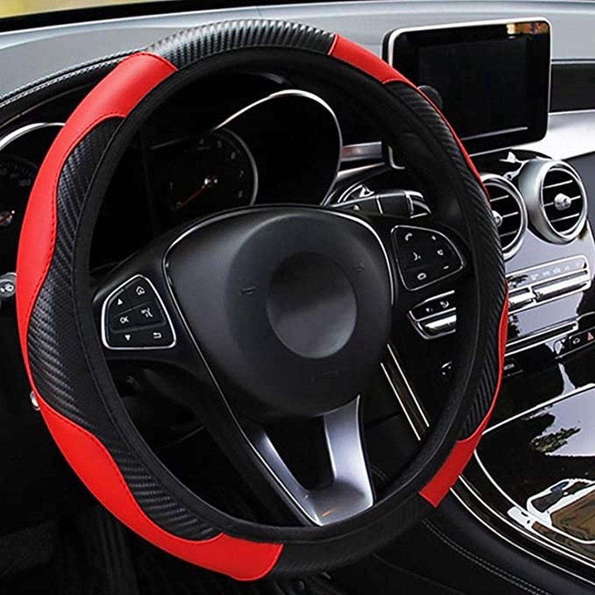 Auto Stuurhoes - Rood - Ademend - Anti Slip - Pu - Lederen Koolstofvezel - 37-38Cm - Auto Decoratie