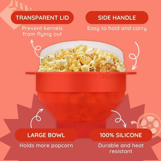 Siliconen magnetron popcornkom - BPA-vrije opvouwbare popcornkom - Magnetron popcornkom - Met deksel en handvat - Vaatwasserbestendig - Geweldig voor filmavonden - Rood — afbeelding 4