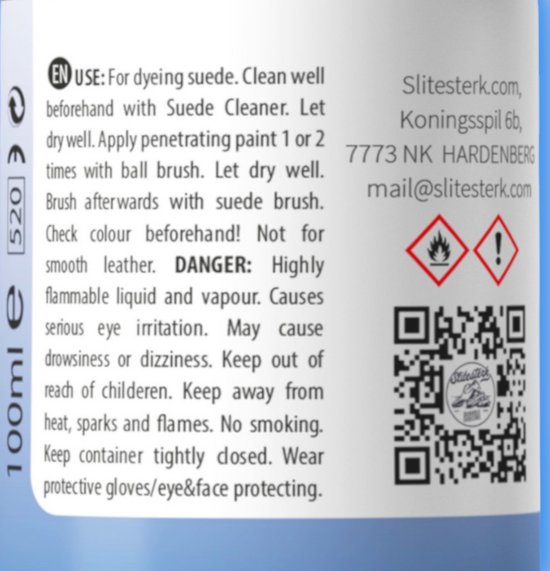 Flesje Slitesterk leerverf 100ml met waarschuwingssymbolen en website info.