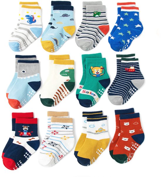 Lot de 12 Chaussettes antidérapantes en caoutchouc pour Bébé et Garçons de 0 an. Chaussettes en coton pour bébé .
