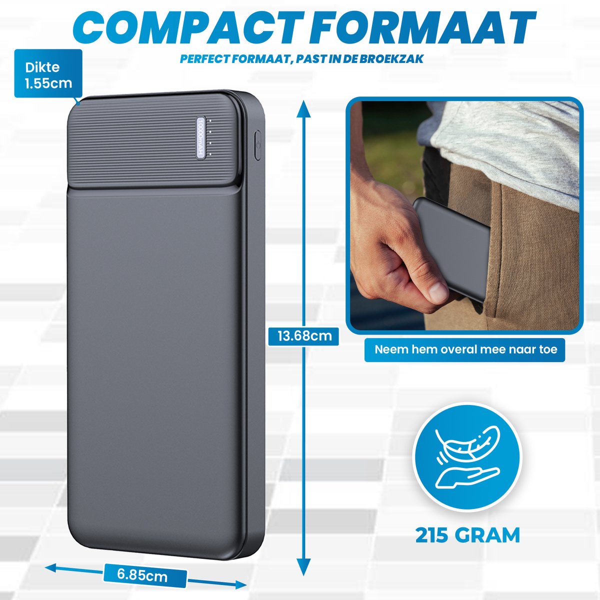 Powerbank 10000 mAh 22W Snellader Zwart - afbeelding 2