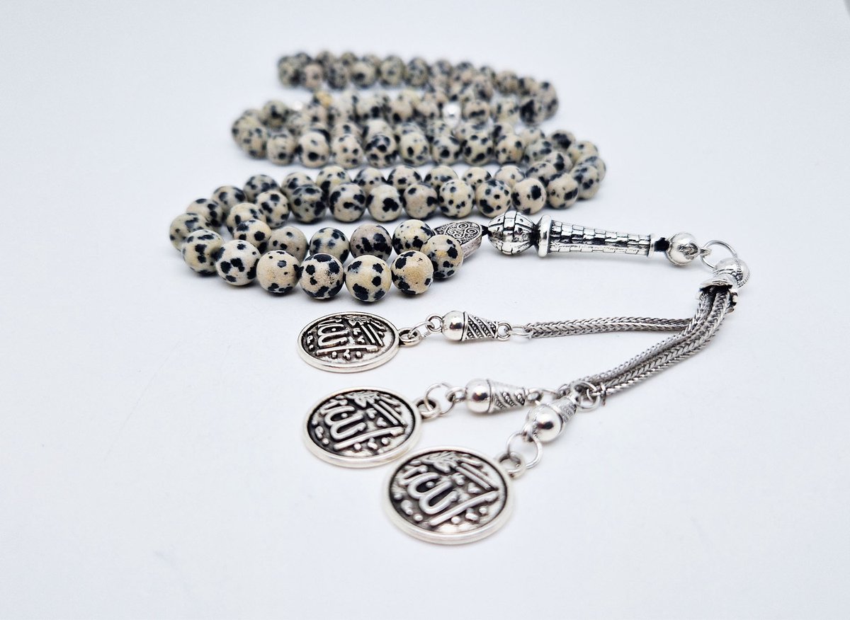 Handgemaakte tesbih "Tasbih" natuursteen " Jasper Dalmatin" - Aantal kralen 99 - Diameter kralen 8MM - met metaal tassel "Allah jala jalaluh" - Een mooi cadeau-idee