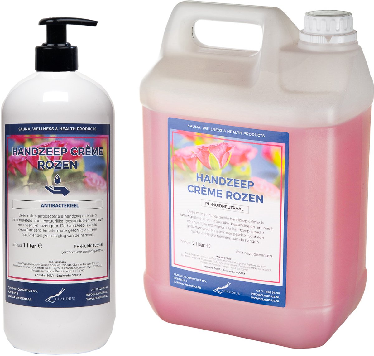 Handzeep Creme Rozen 1 liter met gratis pomp - hervulbaar + Jerrycan 5 liter navulling