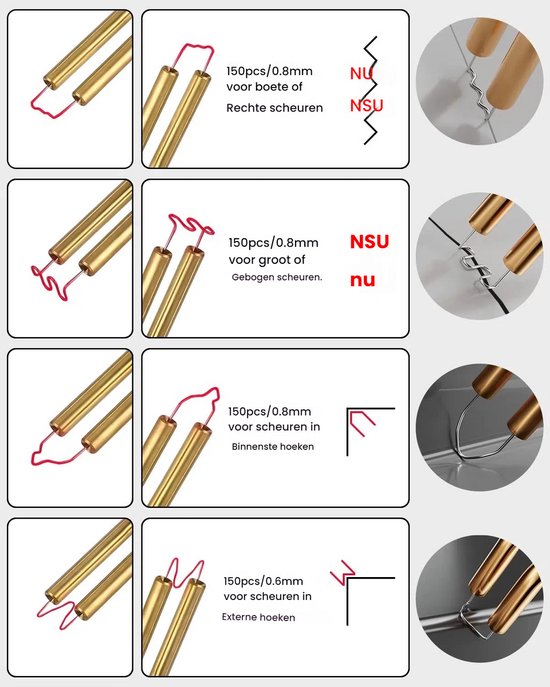 Illustratie van kunststof nietjes voor rechte, gebogen, binnenste en buitenste hoeken.