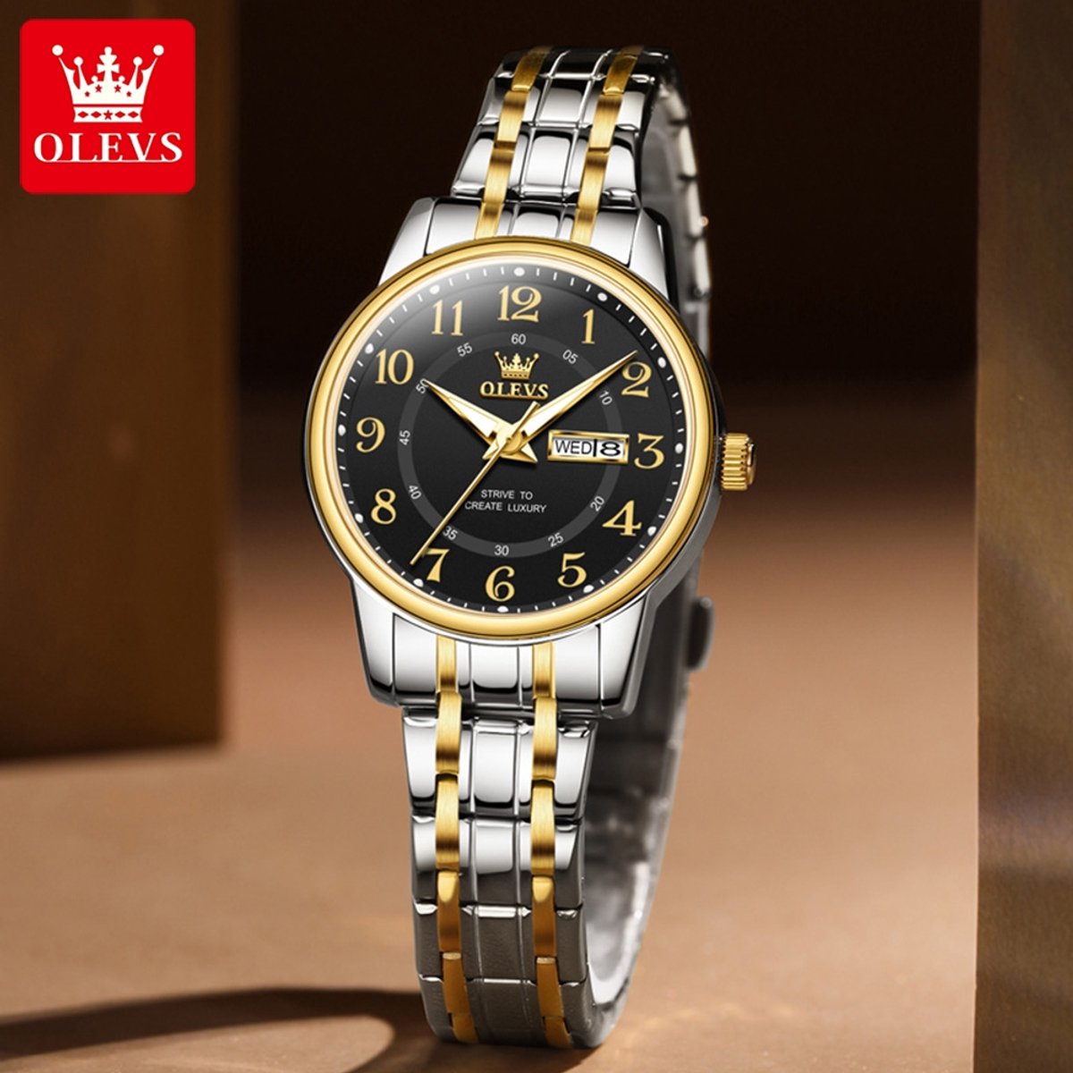HO-2891.gz-zw : Olevs zilver-goudkl edelstaal dames horloge, zwarte wijzerplaat met goudkl cijfers, dagaanduiding