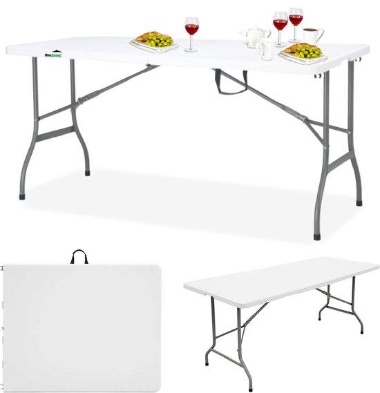 Witte tafel met eten en drinken, dichtgevouwen tafel en deels opgevouwen tafel.