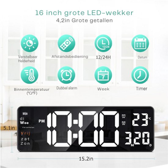 XREXS Grote digitale wandklok met afstandsbediening, 16,5 inch LED groot display count up & down timer, instelbare helderheid plug-in wekker met dag/ datum/temperatuur voor thuis, fitnessruimte, kantoor