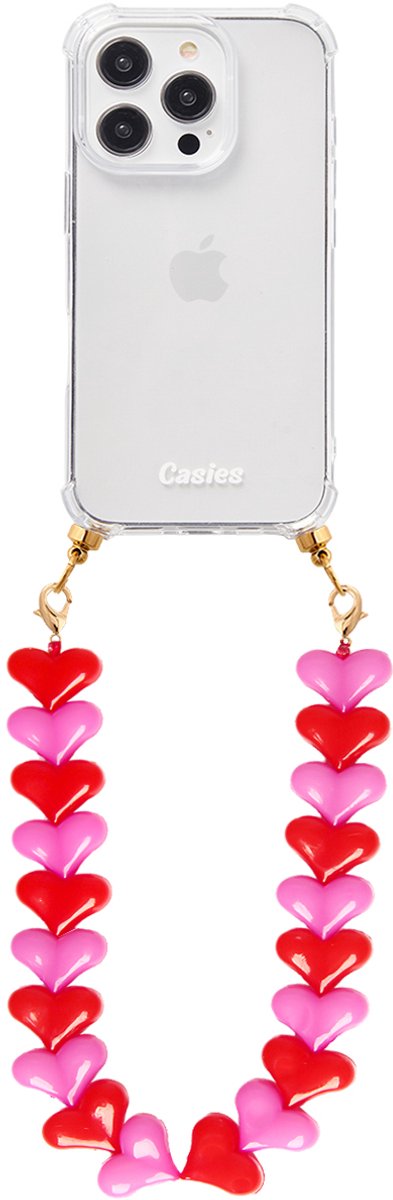 Casies hoesje geschikt voor Apple iPhone 14 Pro met rood roze harten koord - telefoonhoesje met chunky hartenkoord - Transparant - Cord case