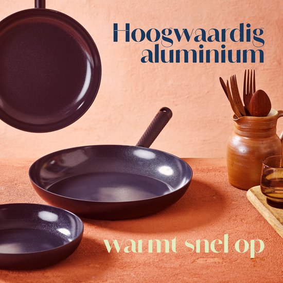 Set van drie donkergrijze pannen: een koekenpan, een kleinere pan en een kom, met de tekst 'Warmt snel op'.