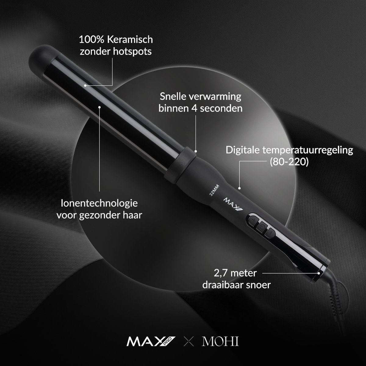 Max Pro Twist 32mm Krultang - Voor Kort en Lang Haar - Curling wand - Zonder Klem - Curler - Beach Waves - Golvend Haar - Met Handschoen - Krultangen thumbnail 6