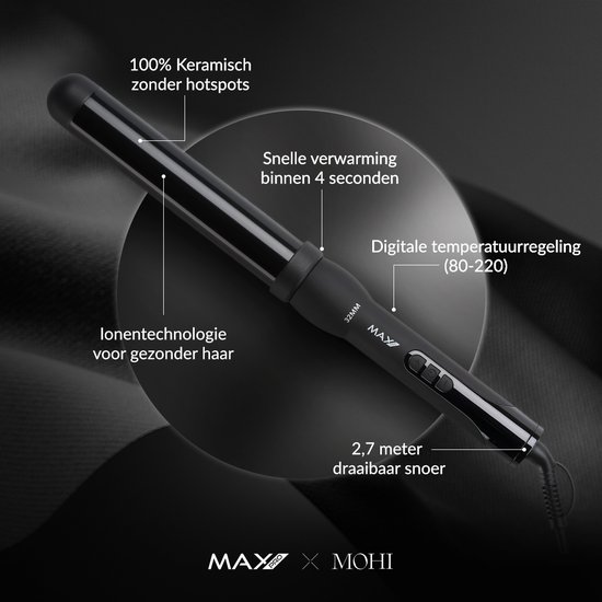 Zwarte Max Pro krultang van 32mm met tekst over keramische coating, snelle verwarming en digitale temperatuurregeling.