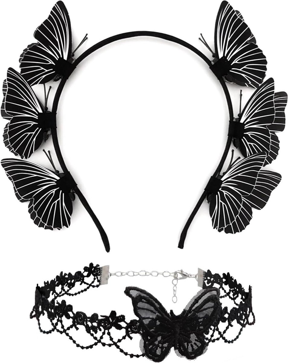 Vlinderhoofdband en vlinder-haarsieraad - Zwarte dames-meisjes accessoires - Carnavalskostuum - Avondmode - 195 x 16 cm .