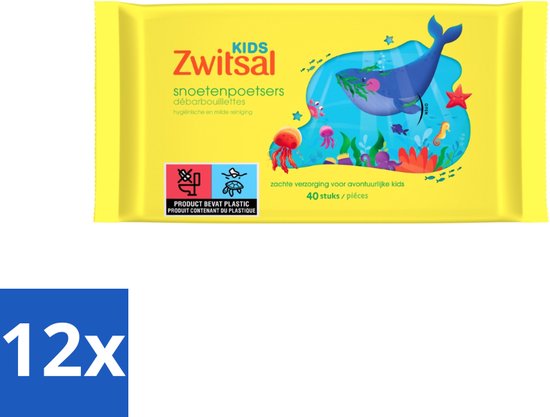 Gele verpakking Zwitsal Kids snoetenpoetsers met zeedierenprint en 12x vermelding.