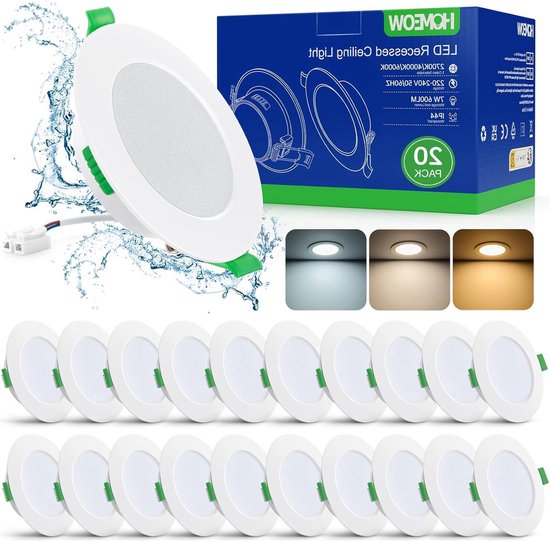 HOMEOW Led-inbouwspot, 7 W, led-plafondspot, waterdicht, badkamer, 600 lm, IP44, warm 2700 K, neutraal 4000 K en koud 6000 K, gat 75-90 mm, 24 mm extra vlak, niet dimbaar, 10 stuks