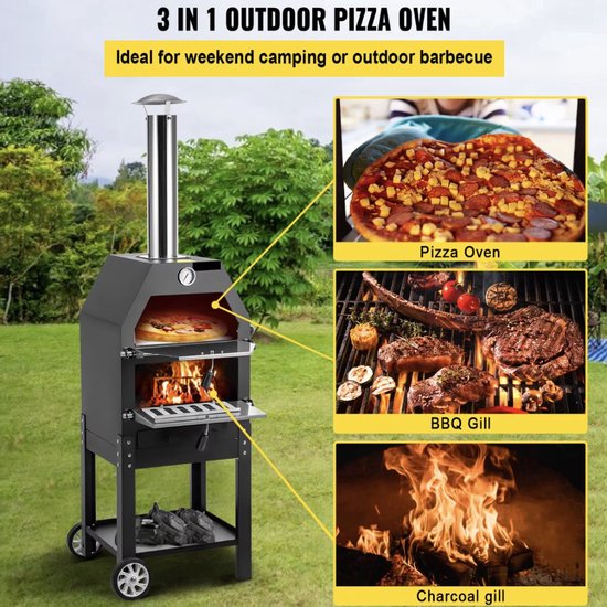Pizzaoven - Houtoven - Buiten - Buitenkeuken - Buitenoven - Hout gestookt - Met wielen - Zwart -140x40x35 — afbeelding 3