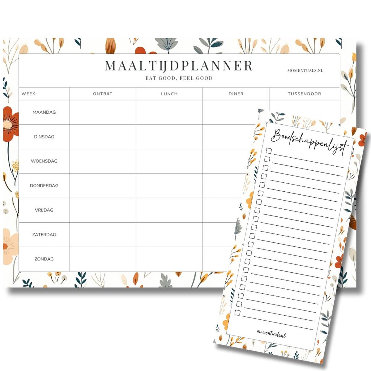 Luxe Maaltijdplanner A4 + Boodschappenlijstje Bundel - 50 vellen - Afscheurbaar - Weekmenu - Meal Planner - Wit & Bloemen Set