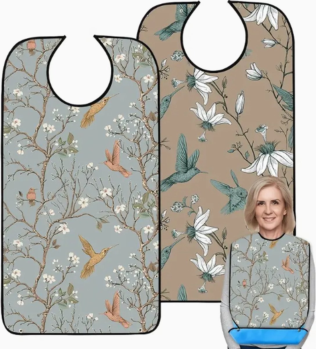 2-Pack Bloem- en Vogelpatroon Sernioren schort - Waterdicht - Herbuikbaar - Kliksluiting - Kledingbeschermers