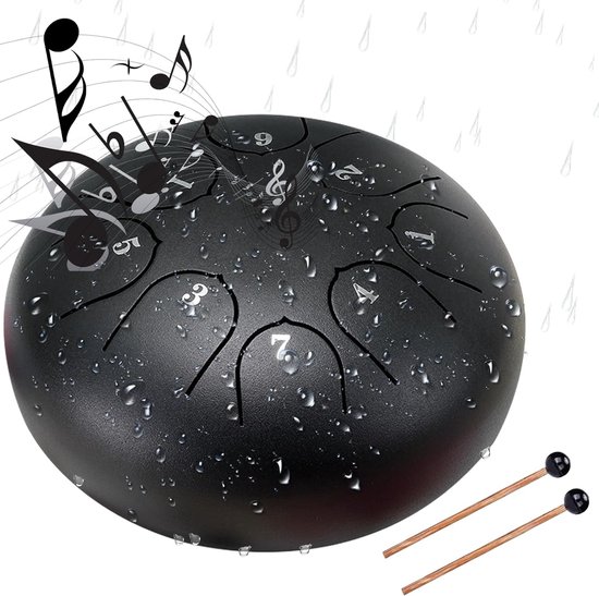 6 inch 8-tonige holle trommel - stalen tongtrommel - kindertrommel - buitentuin regentrommel - percussie-instrument - voor meditatie, entertainment, decompressie, muziek en cadeau - zwart