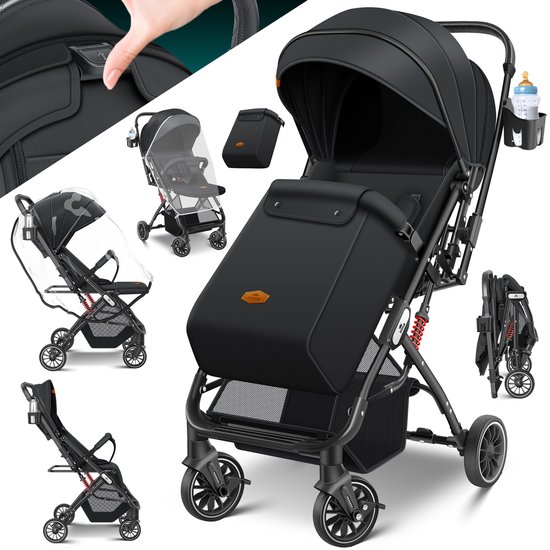 Poussette 3 en 1 KIDIZ® Buggy pliable avec chancelière Poussette Bébé pliable avec porte-gobelet, habillage pluie et moustiquaire Poussette de voyage - Zwart
