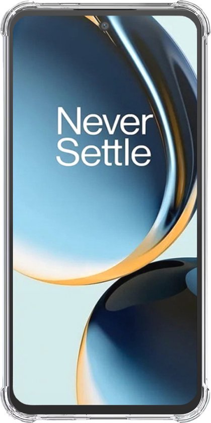 Vooraanzicht van een telefoon met een doorzichtig hoesje en de tekst 'Never Settle'.