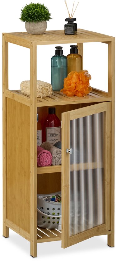 Relaxdays Badezimmerschrank, HBT: 87,5 x 36,5 x 35 cm, 3 Fächer, Ablage, Tür, Bambus, Badezimmer