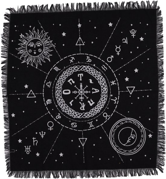 Nappe d'autel ésotérique à franges | Carte Lune et Soleil | Nappe d'autel Lune et Soleil Éléments de carte Magie Zwart | Tissu de tarot Tissu Oracle | Articles spirituels | Dimensions : 50x50cm