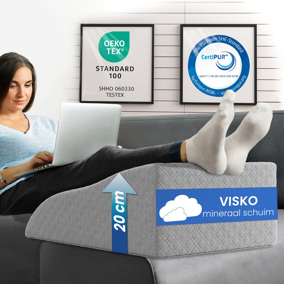 ELONEO Beenkussen - Wigkussen van Visco-geheugenschuim, Ergonomisch Steunkussen, Vermoeide Benen Verhoger, Wasbare Jacquard Hoes, 65 x 40 x 20 cm, Grijs