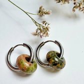 Boucles d'oreilles avec pendentif Donut - Unakite - Pierre (semi) précieuse verte/rose - Acier inoxydable - boucles d'oreilles argentées avec pendentif
