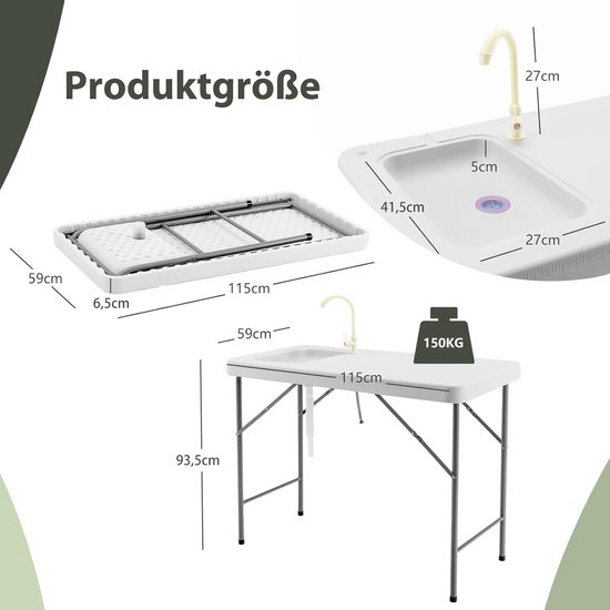 COSTWAY Opklapbare filetietafel met gootsteen, meetschaal en kraan, draagbare campingtafel, outdoorspoelbak, visreinigingstafel voor tuin, camping, vissen, 115 x 59 x 93,5 cm van Costway — afbeelding 3