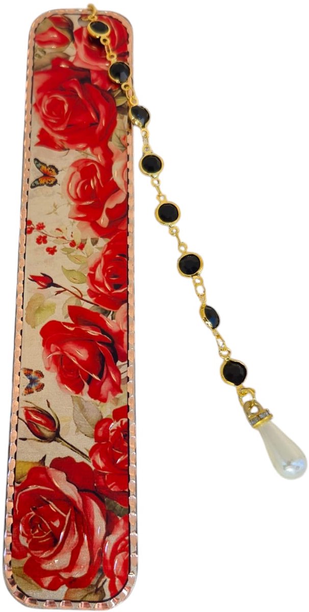 Viwado® Luxe Handgemaakte Koperen Boekenlegger – Rode Rozen, Ketting & Parel