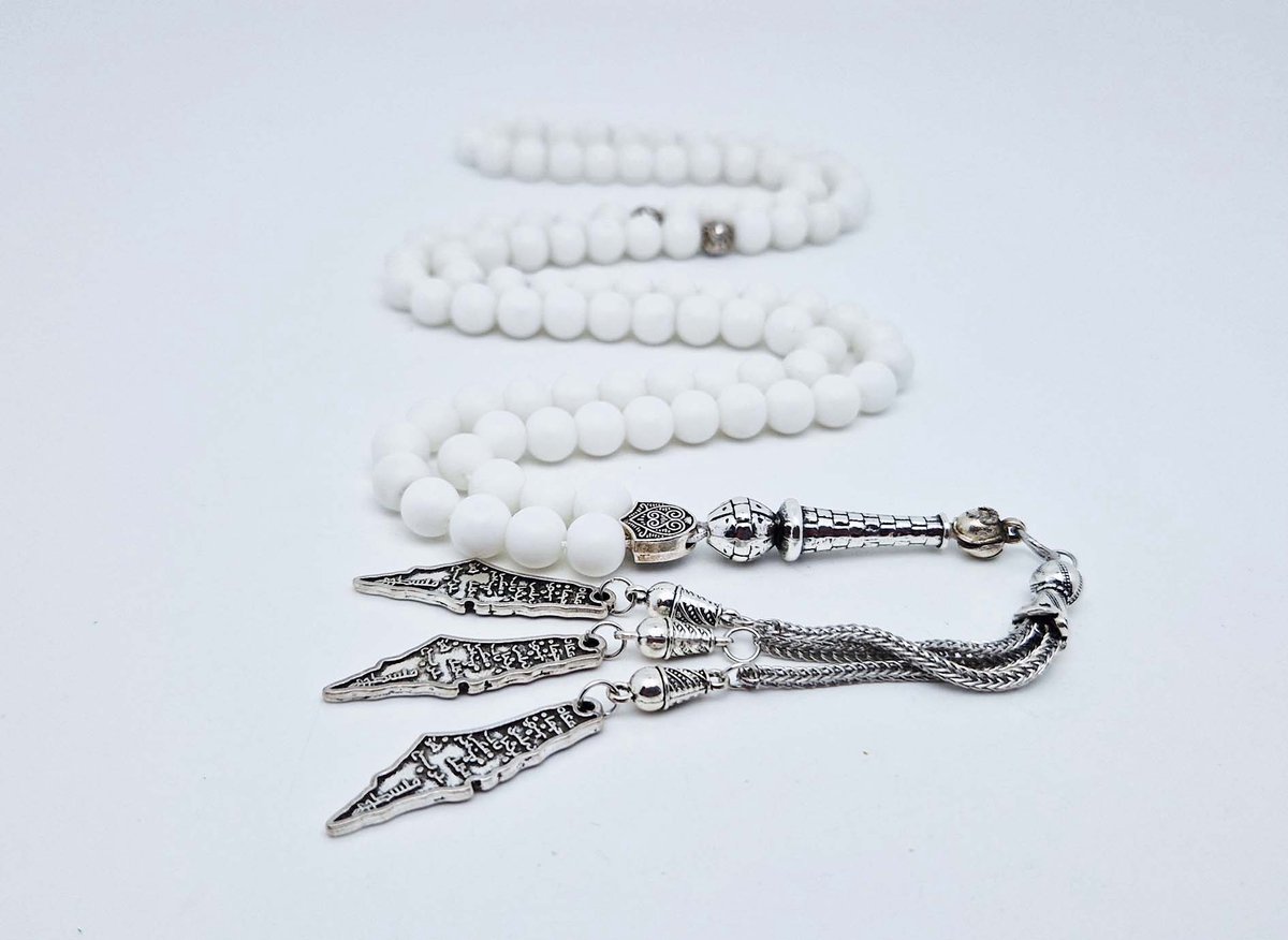 Handgemaakte tesbih "Tasbih" natuursteen "Mat Witte agaat" - Aantal kralen 99 - Diameter kralen 8MM - met metaal tassel "Palestina" - Een mooi cadeau-idee