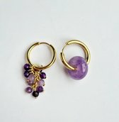 Boucles d'oreilles dépareillées avec pendentif en améthyste - Créoles - Bijoux en pierres précieuses - Taille facettée - Donut - Violet Boucles d'oreilles femme