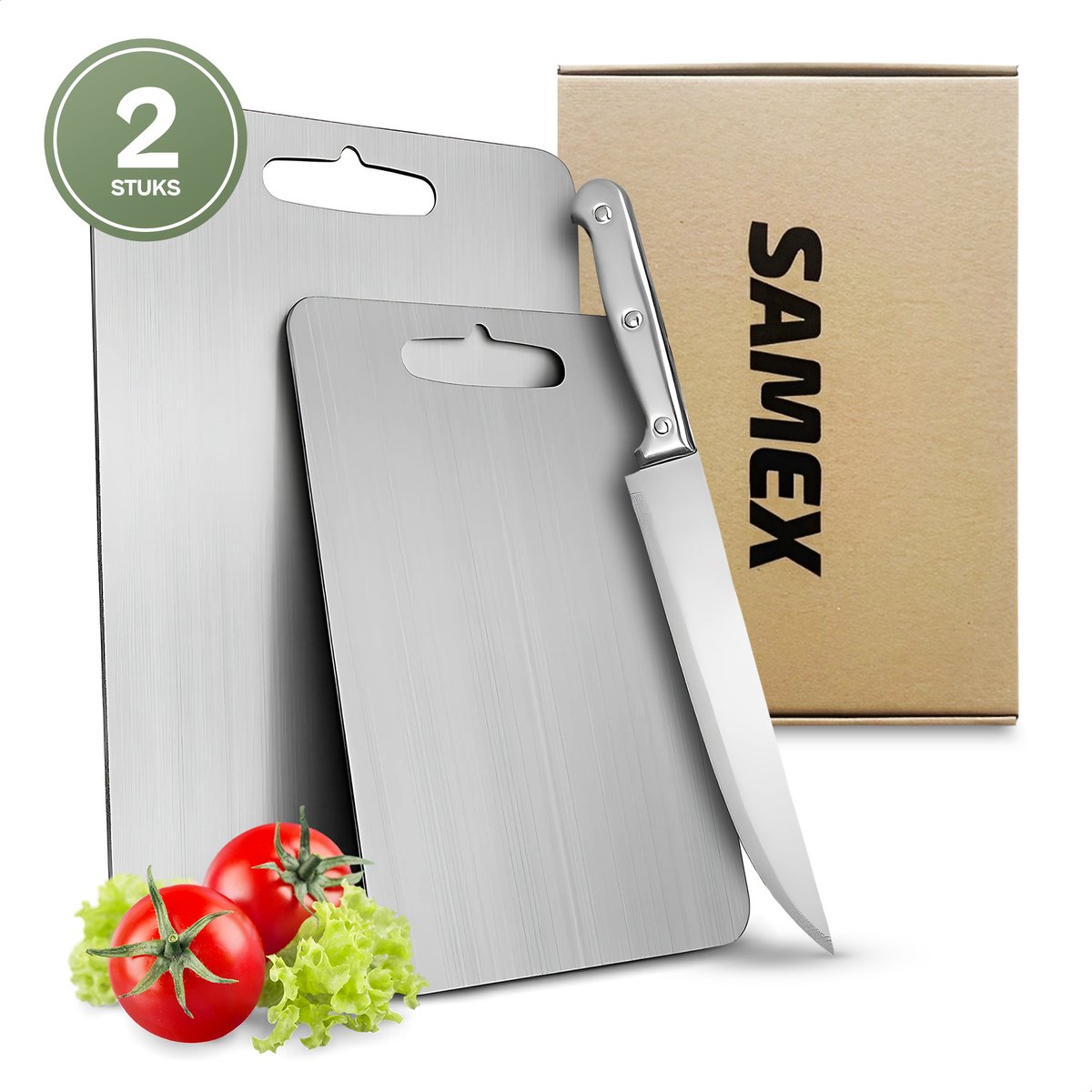 Samex® Snijplanken 2 st incl. Keukenmes - Titanium Gestabiliseerd Roestvrij Staal - Snijplanken - Vaatwasserbestendig - Set 2 stuks - Cutting Board - Chopping Board - Antibacterieel - Keukenmes