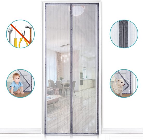 Magnetische hordeur 185 x 240 cm met Heavy Duty Instant Screen Door om te voorkomen dat insecten wegvliegen Zwart