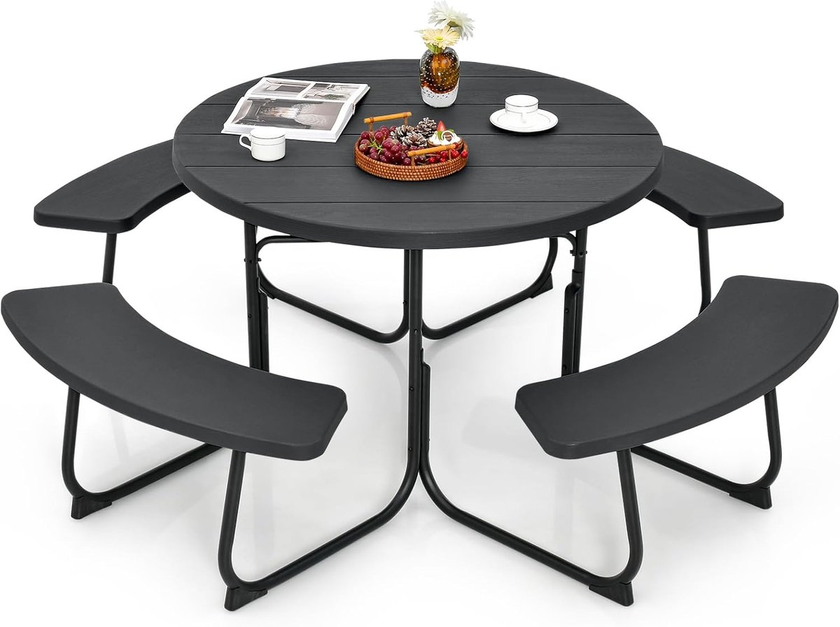 COSTWAY Zitmeubelen voor 8 personen, picknicktafel met parasolgat en 4 banken, ronde tuintafel met HDPE-tafelblad en metalen frame, tuinmeubelen, zitgroep voor tuin, terras