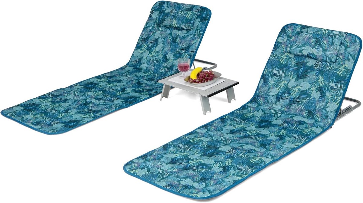 COSTWAY Set van 2 strandmatten met bijzettafel, hoofdkussen en opbergvak, ligmat met verstelbare rugleuning, opvouwbare zonnemat, licht, draagbaar, strandligstoel voor het strand (turquoise)