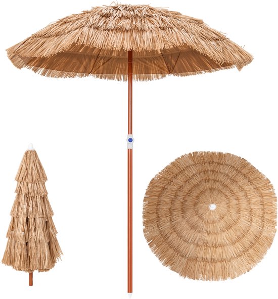 COSTWAY Hawaï Parasol, Parasolvoet Niet Inbegrepen, kantelbaar strandscherm, tuinscherm, in hoogte verstelbaar, uv-bescherming, pp stroparasol, marktparasol, naturel, 155 cm