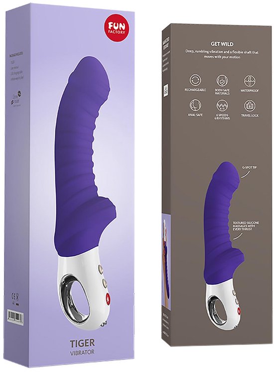 Fun Factory Tiger vibrator verpakking en doos met paarse vibrator.