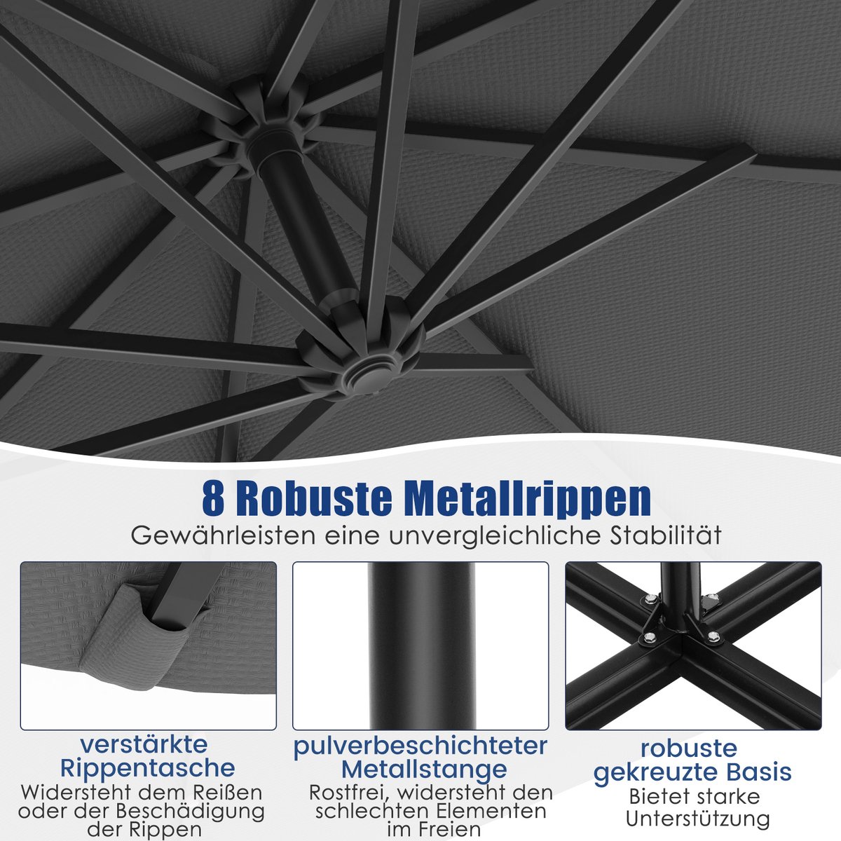 COSTWAY Parasol 300 cm, zweefparasol met 40 ledlampen op zonne-energie en zwengel, tuinscherm, marktparasol, terrasparasol voor tuin, zwembad, terras, antraciet, antraciet, 300 cm – foto 2