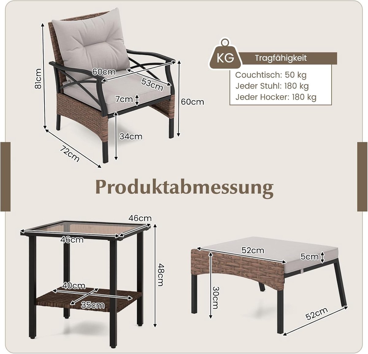 COSTWAY 5-delige rotan tuinmeubelset, 2-traps bijzettafel, 2 stoelen met kruk, terrasmeubels, balkonmeubels 2 personen, tuingarnituur incl. zitkussens en rugkussens thumbnail 3