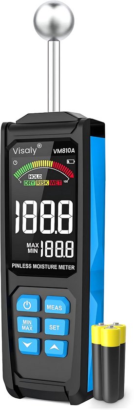 Visaly Pinless Vochtmeter VM810A Pro - Vochtmeter Muren - Grenswaarden & Alarm - Hout - Zonder Schade - Incl. Opbergcase & Batterijen
