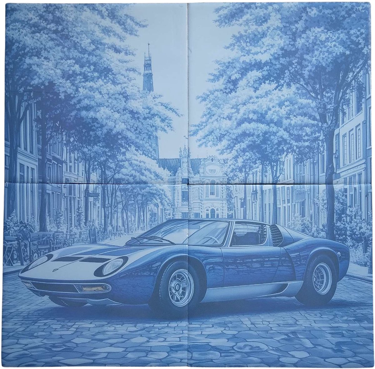 MadDeco Nederlands fabrikaat Lamborghini Miura op plateau van 4 tegels Friese Witjes 13 x 13 cm per tegel