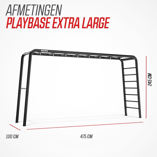 Zwart speeltoestel frame met klimtouwen en ladder, met afmetingen van 475cm lang en 245cm hoog.