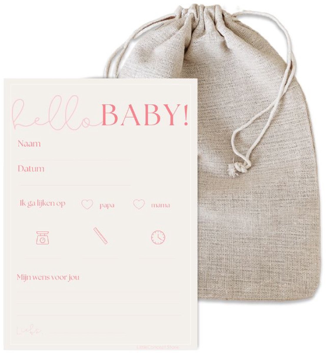 Hello Baby invulkaarten babyshower roze in linnen zakje 10 stuks