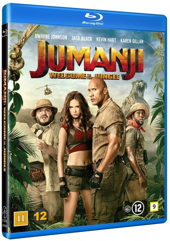 Jumanji: Welcome to the Jungle Blu-ray hoes. Vier avonturiers in junglekleding staan vooruit, met in de verte een helikopter en een tijger.